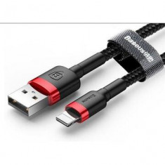 Cablu de date, Baseus Cafule Series, CALKLF-C19, USB la Lightning, Quick Charge, 1.5A, Lungime 2m, Rata transfer 480 Mb/s, Negru/Rosu, Tip snur acoper