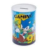 Pusculita Since pentru copii, forma cilindrica si imprimeu cu sonic, Metal, Albastru, 11x16 cm