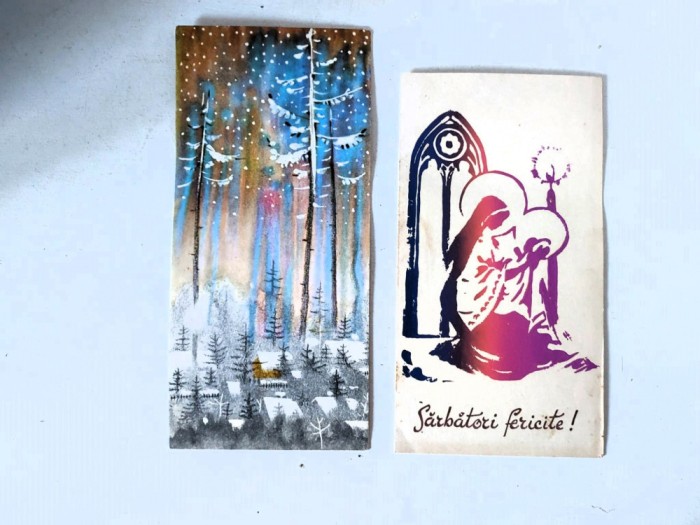Lot 2 felicitari vechi romneasti anii 80, Craciun, iarna, nescrisa, necirculata