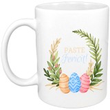 Cana Ceramica Personalizata Paste Fericit! 330ml, Alba, Model Paste, Sublimare - Cadou Familie