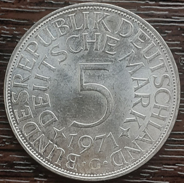 (A883) MONEDA DIN ARGINT GERMANIA - 5 MARK 1971, LIT G, 11,2 GRAME. PURITATE 625