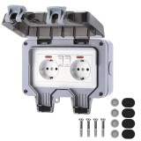 Priza dubla, impermeabila IP66, cu capac de protectie, accesorii instalare, 110 x 81 x 168 mm, alb/gri, Oem