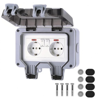 Priza dubla, impermeabila IP66, cu capac de protectie, accesorii instalare, 110 x 81 x 168 mm, alb/gri foto