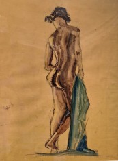 Studiu nud feminin acuarelă pe h&acirc;rtie &ndash; lucrare originală vintage, artă decorativă unicat