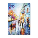 Tablou pictat manual, Peisaj citadin stilizat, 70x50cm ulei pe panza, Spectaculos
