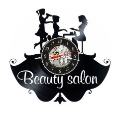 Ceas de perete decorativ realizat din disc de vinil, Model Beauty Salon, Coafura si Manichiura, Text Caligrafic, Cadran Skeleton, Negru, 30 cm