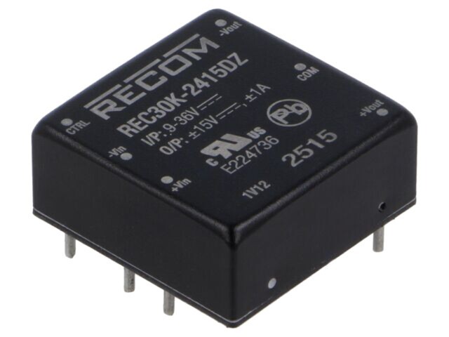 Convertor DC/DC RECOM 30W 9-36V Intrare, Ieșire 15V și -15V REC30K-2415DZ