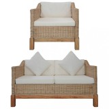 Set canapele ratan vidaXL, 2 piese, culoare naturală, perne incluse, fotoliu, canapea 2 locuri, huse detașabile