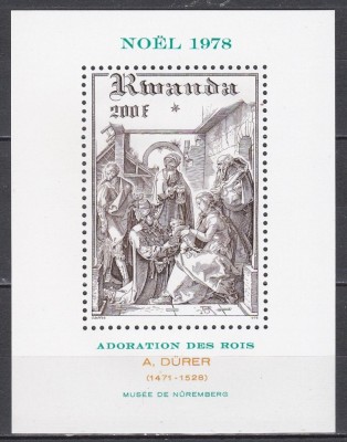 Rwanda 1978 - Crăciun - Pictură de D&amp;uuml;rer, Colita, MNH foto