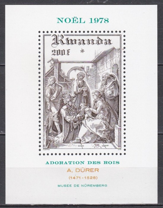 Rwanda 1978 - Crăciun - Pictură de D&uuml;rer, Colita, MNH