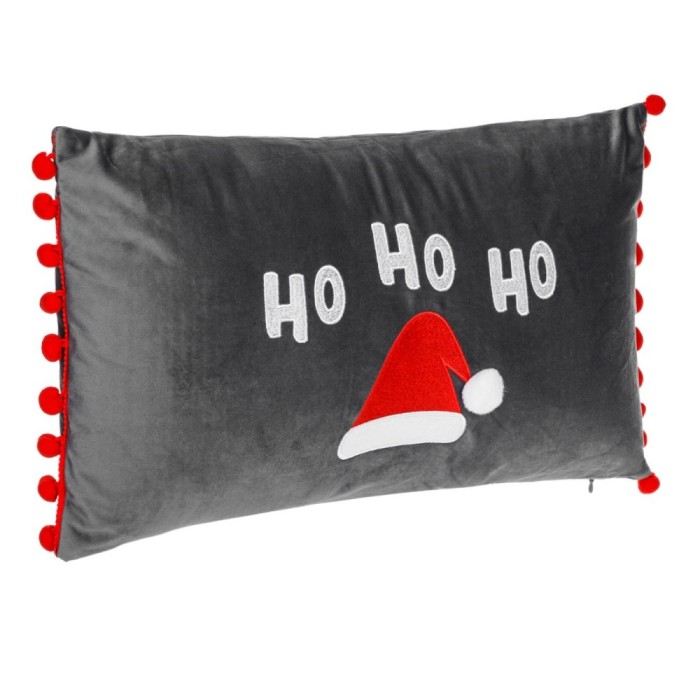 Perna Decorativă Crăciun, Antracit, Căciula Moșului Brodată, Pompoane Roșii, 50x30cm, Poliester