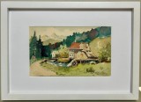 Toader Schipor- Tablou Peisaj Bucovinean de vară, pictura &icirc;n acuarele &icirc;nrămată 23x32cm