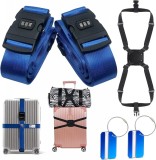 Set de 3 curele si 2 etichete pentru bagaje Nsvepon, plastic/poliester, albastru/negru