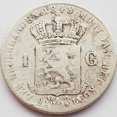750 Olanda 1 Gulden 1848 Willem II (Head left) km 66 argint foto