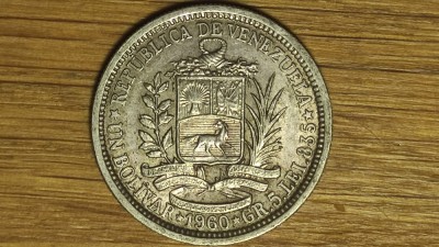 Venezuela - moneda de colectie argint 835 - 1 bolivar 1960 AU/UNC - senzationala ! foto