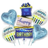 Baloane pentru aniversare, flippy, tematica happy birthday, set 5 baloane, 1 cadouri, 2 inimi, 2 rotunde, din folie de aluminiu, pai de carton inclus,