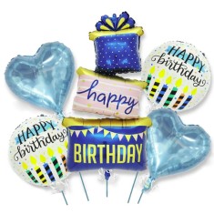 Baloane pentru aniversare, flippy, tematica happy birthday, set 5 baloane, 1 cadouri, 2 inimi, 2 rotunde, din folie de aluminiu, pai de carton inclus,
