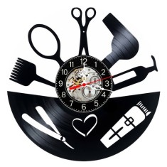 Ceas de perete decorativ realizat din disc de vinil, Model Frizerie Coafor Hairstylist, Instrumente Tuns, Negru, 30 cm