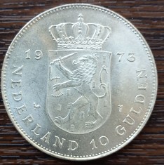 (A580) MONEDA OLANDA - 10 GULDEN 1973, 25 ANI DOMNIE REGINA JULIANA, 25 GRAME foto