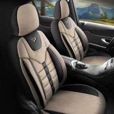 Set Huse Scaune Auto pentru Mazda CX-3 - Panda Toronto, tip Alcantara, cu fermoare pentru bancheta rabatabila, bej cu negru, 11 piese foto