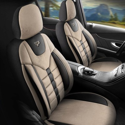 Set Huse Scaune Auto pentru Ford C-Max - Panda Toronto, tip Alcantara, cu fermoare pentru bancheta rabatabila, bej cu negru, 11 piese foto