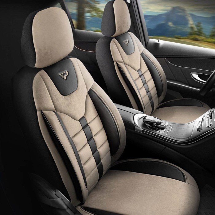 Set Huse Scaune Auto pentru Ford C-Max - Panda Toronto, tip Alcantara, cu fermoare pentru bancheta rabatabila, bej cu negru, 11 piese