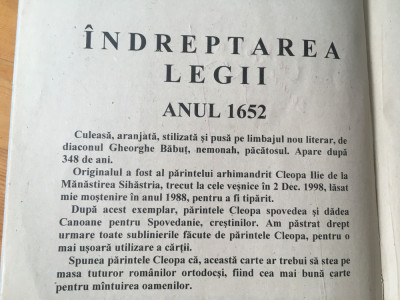 INDREPTAREA LEGII/PRAVILA LUI MATEI BASARAB 1652-DUPA UN MANUSCRIS AL PR. CLEOPA foto