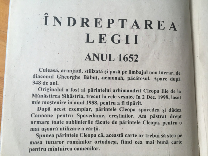 INDREPTAREA LEGII/PRAVILA LUI MATEI BASARAB 1652-DUPA UN MANUSCRIS AL PR. CLEOPA