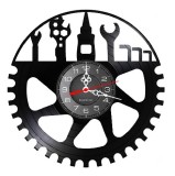 Ceas de perete decorativ din disc de vinil, Model Atelier Reparații Biciclete cu Scule și Pinion, Negru, 30 cm