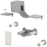 PawHut Perete de cățărat pentru pisici 6 piese set de cățărat cu căsuță pentru pisici, hamac, platformă placă de zg&acirc;riat Gri | Aosom Romania