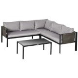 Set Mobilier Gradina ART Kayden: Masa, 3 Canapele, Otel, Sticla, Poliester, Gri/Negru, Perne Impermeabile, 88x46x38 cm