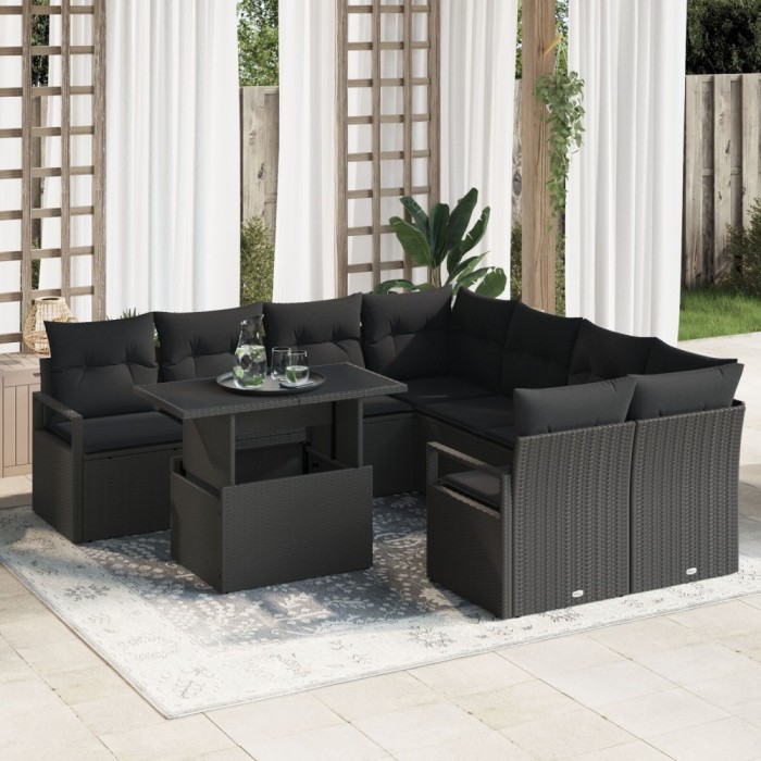 Set de canapea pentru gradina Gossi cu 9 piese cu perne ratan poly negru, canapea pentru gradina Gossi cu 2 locuri cu spatiu de stocare &amp; perne ratan
