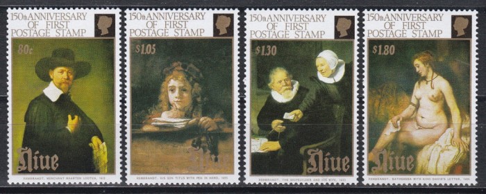 Niue 1990 - 150 de ani de timbre - Picturi de Rembrandt, Serie+Bloc, 4 poze, MNH