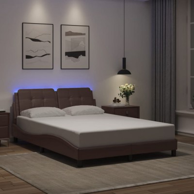 vidaXL Cadru de pat cu lumini LED, maro, 120x200 cm, piele ecologică 3214098 foto