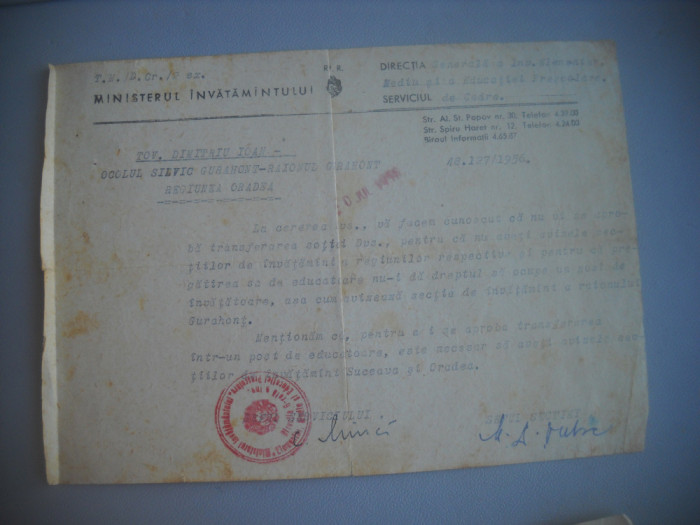 HOPCT DOCUMENT VECHI NR 399 SCOALA OCOLUL SILVIC GURAHONT JUD ARAD 1956