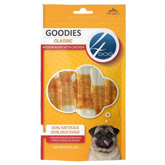 Recompensa caini / hrana complementara, 4 Dog Goodies Classic, punga 120 g, toate taliile, toate varstele, carne de pui