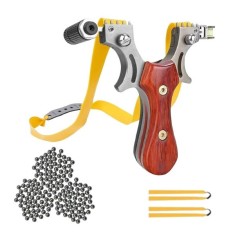 Set prastie cu laser si 100 bile metalice 6 mm, 11.5 cm, boloboc, maner lemn, maro