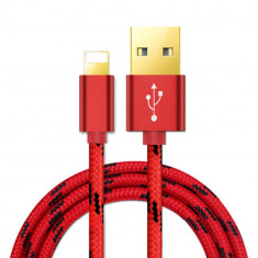 Cablu de date / incarcator USB invelit in material textil pentru Apple iPhone, lungime 2m, Culoare Rosu foto