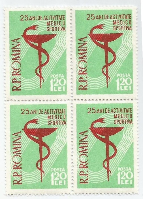 |Romania, LP 454/1958, 25 de ani de activitate medico-sportiva, bloc de 4, MNH