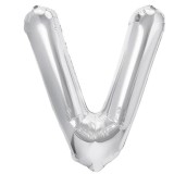 Balon folie metalizata litera v, flippy, 80 cm, umflati cu heliu sau aer, ambalaj individual, pai inclus, argintiu