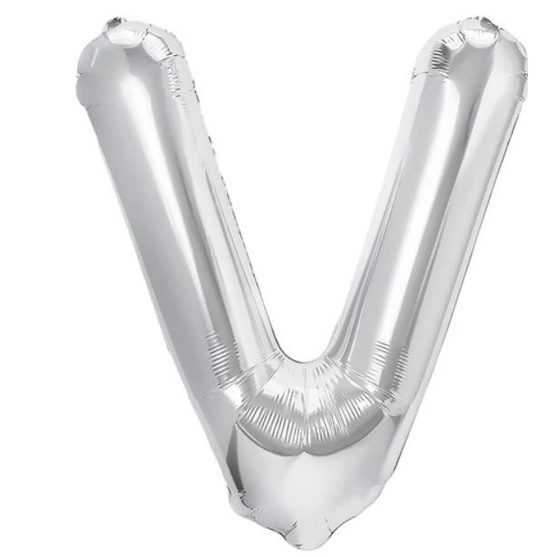 Balon folie metalizata litera v, flippy, 80 cm, umflati cu heliu sau aer, ambalaj individual, pai inclus, argintiu