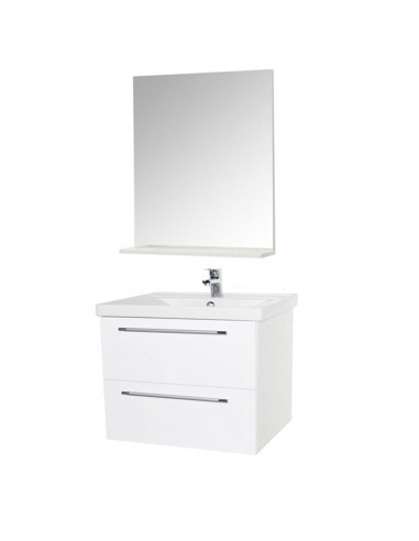 Set mobilier baie suspendat, cu lavoar ceramic, GN0541, front MDF, 60 cm, 2 sertare, glisiere soft close si oglinda cu polita GN0671, dreptunghiulara,