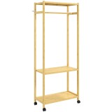 HOMCOM Cuier de Podea cu Bară și 4 Roți, Economisire Spațiu, Cuier din Bambus cu Rafturi Inferioare, pentru Dormitor, Hol, 70x35x175 cm, Lemn Natural