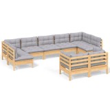 Set mobilier de gradina cu perne gri, 9 piese, lemn masiv pin