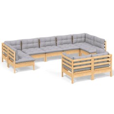 Set mobilier de gradina cu perne gri, 9 piese, lemn masiv pin