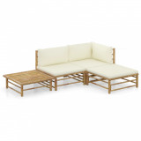 Set mobilier de grădină cu perne alb crem, 4 piese, bambus, vidaXL