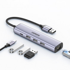 Adaptor multifuncțional Ugreen HUB USB 3.0 - 3 x USB / Ethernet RJ-45 / USB Type C PD, gri