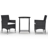 Set mobilier bistro gradina 3 piese, negru, poliratan si sticla