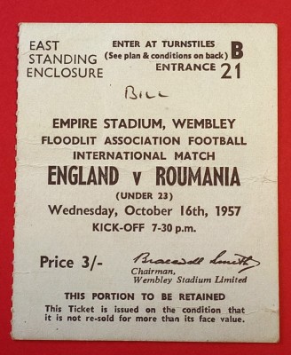 Bilet (de colectie) meci fotbal ANGLIA (U23) - ROMANIA (U23) 16.10.1957 foto