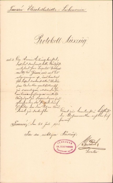 A2196 Protocol Asociațiunea Funebrală Elisabetin Timișoara, 1903